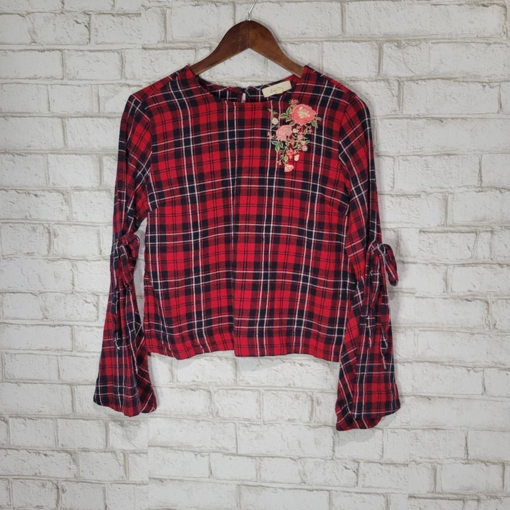Love Notes plaid print embroidery blouse